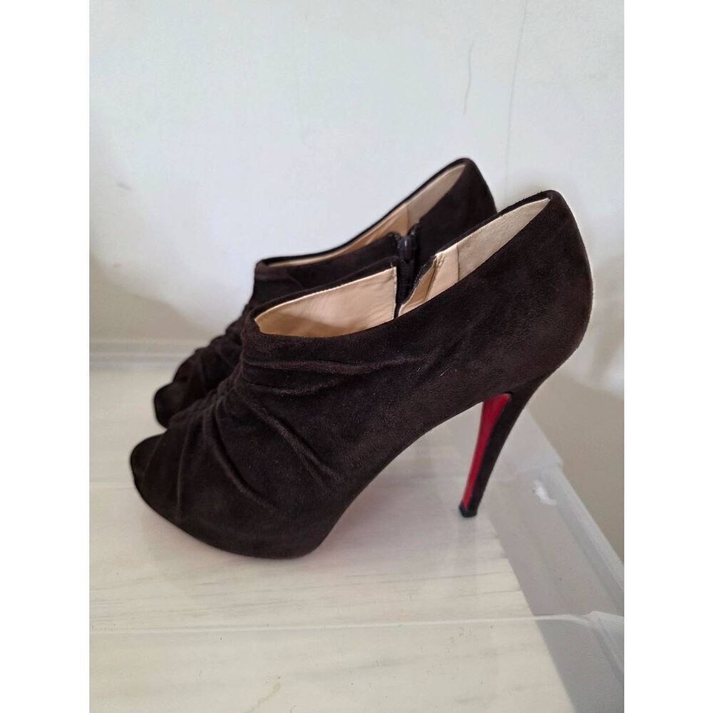 Christian Louboutin Black Suede Trepoli Peeptoe Platform Booties 39.5 (US 9.5)